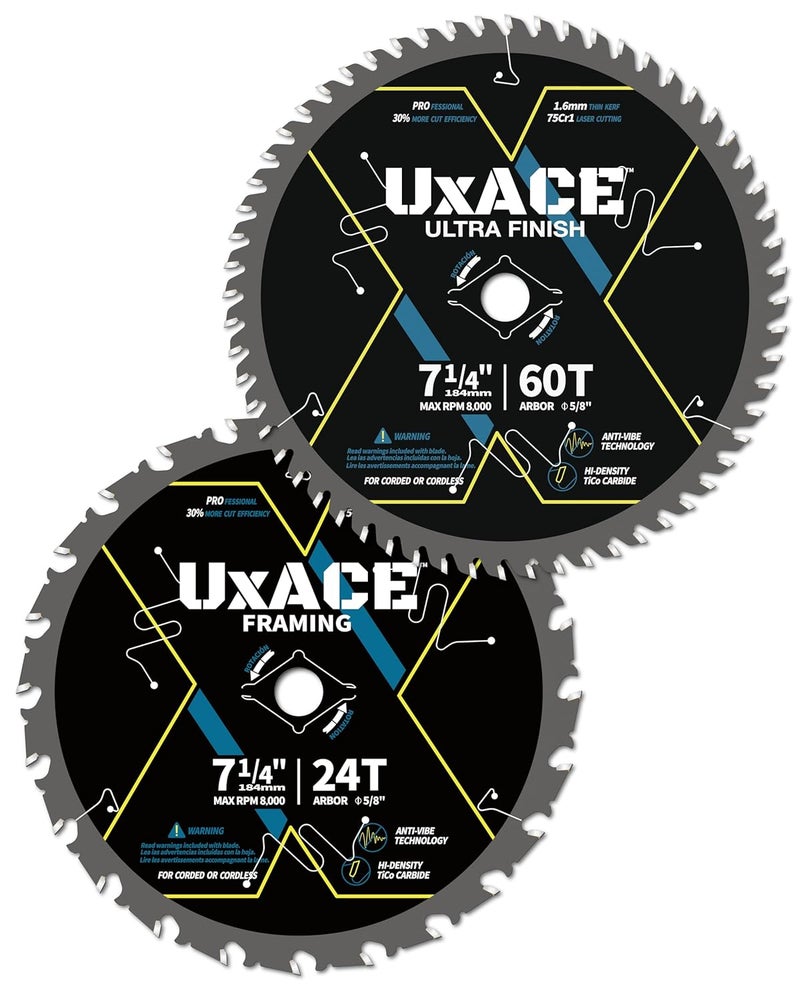 UXACE 7-1/4-Inch 24&60-Tooth Circular Saw Blade with 5/8-Inch Arbor, Framing & Ultra Finish Wood Cutting, Carbide Tip, Thin Kerf, for Plywood, MDF, OSB, Laminated, 2 Pack - Image 1